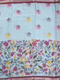 Mangalagiri fancy printed saree in light blue color with zari border and plain contrast blouse