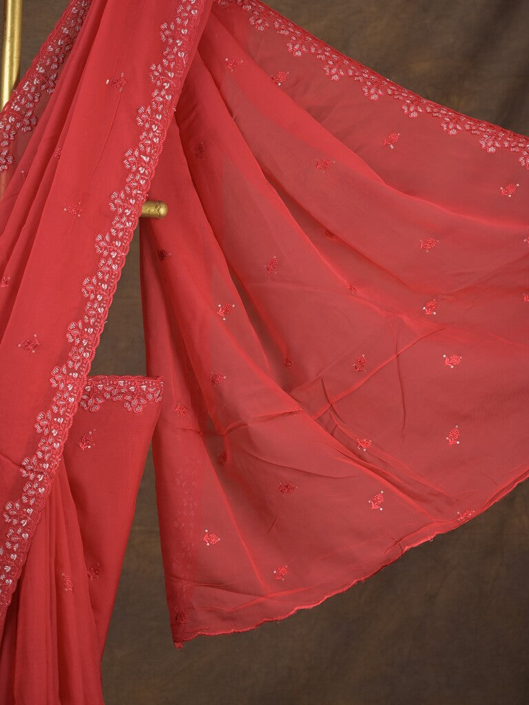 Organza fancy saree red color allover embroidered motifs & cutwork border with running pallu and self blouse