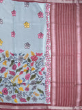 Mangalagiri fancy printed saree in light blue color with zari border and plain contrast blouse