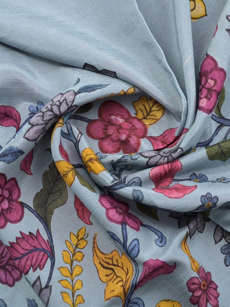 Mangalagiri fancy printed saree in light blue color with zari border and plain contrast blouse