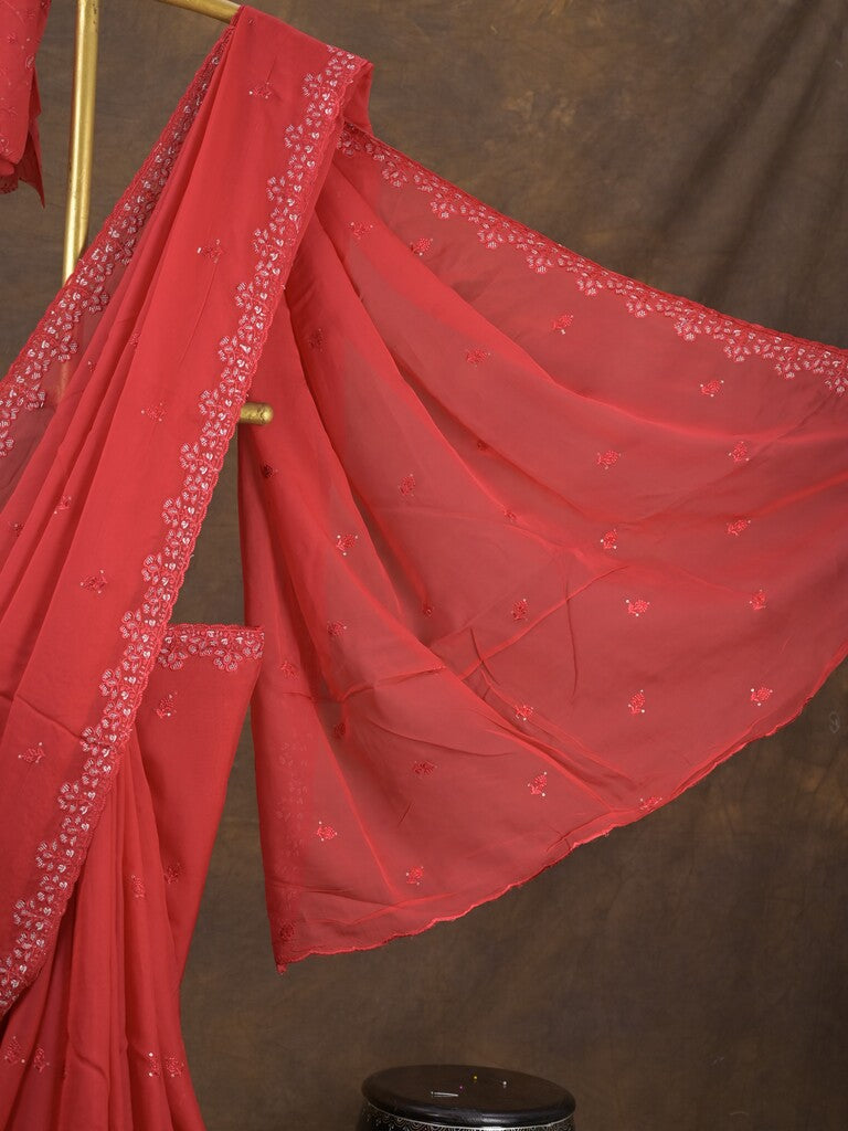 Organza fancy saree red color allover embroidered motifs & cutwork border with running pallu and self blouse