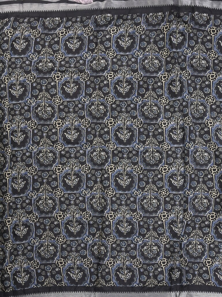 Mangalagiri fancy printed saree in grey color with zari border and plain contrast blouse