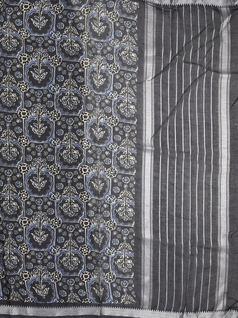Mangalagiri fancy printed saree in grey color with zari border and plain contrast blouse