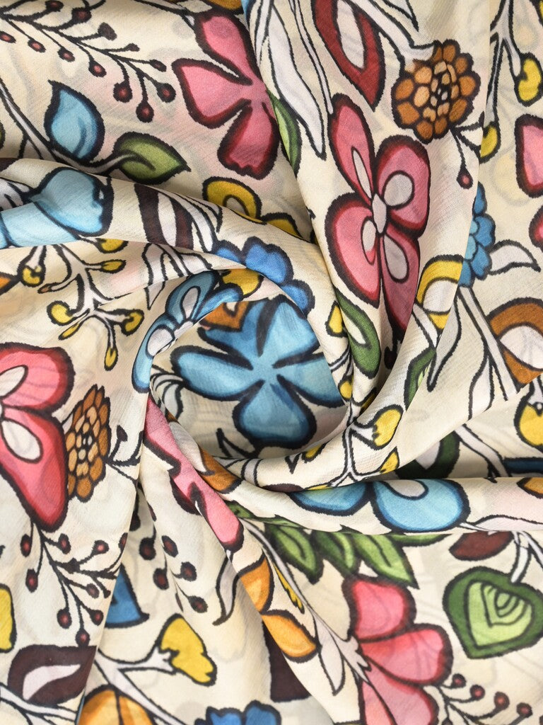 Mangalagiri fancy printed saree in white color with zari border and plain contrast blouse