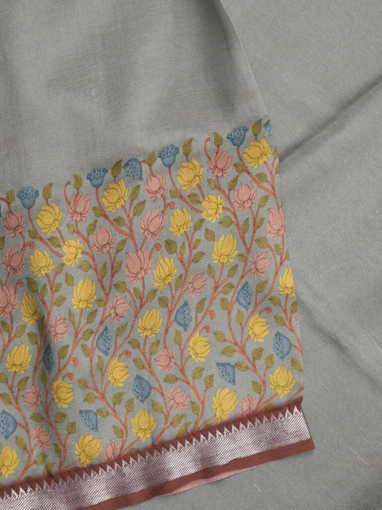 Mangalagiri fancy printed saree in grey color with zari border and plain contrast blouse