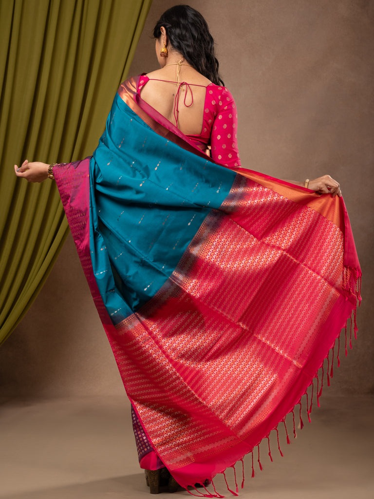 Kanchi pattu saree royal blue color allover zari weaves & zari border with contrast pallu and plain contrast blouse