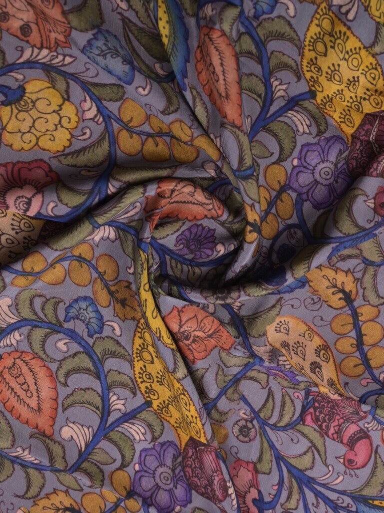 Mangalagiri fancy printed saree in bluish grey color with zari border and plain contrast blouse