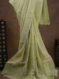 Organza fancy saree light pastel green color allover embroidered motifs & cutwork border with running pallu and self blouse