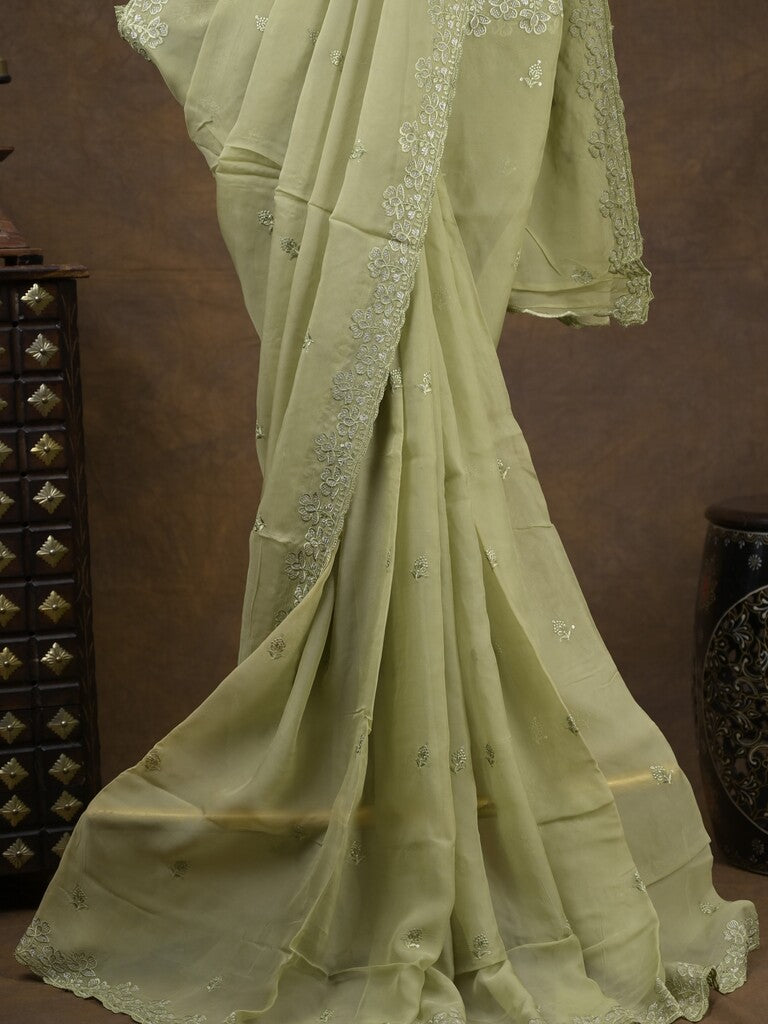 Organza fancy saree light pastel green color allover embroidered motifs & cutwork border with running pallu and self blouse