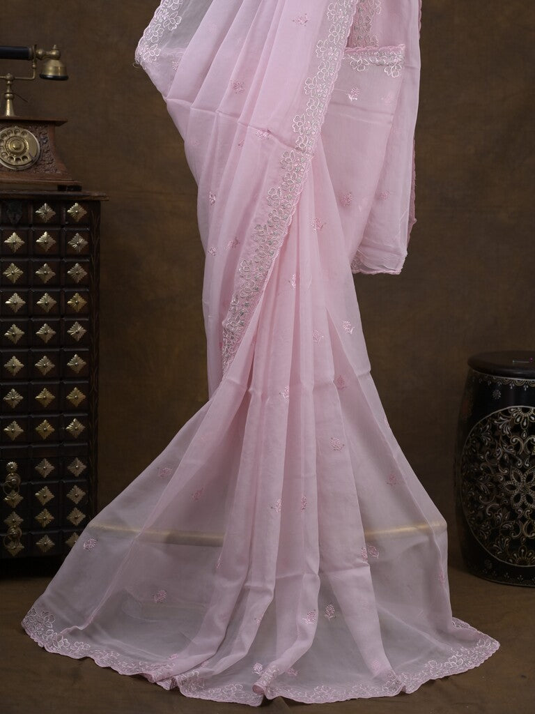Organza fancy saree light pastel purple color allover embroidered motifs & cutwork border with running pallu and self blouse