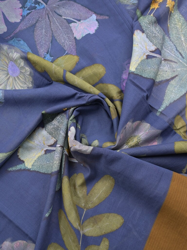 Mangalagiri cotton saree in royal blue color with contrast pallu and printed blouse