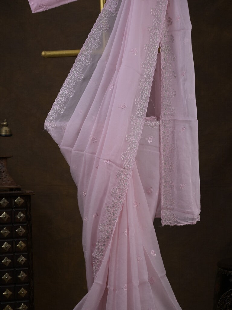 Organza fancy saree light pastel purple color allover embroidered motifs & cutwork border with running pallu and self blouse