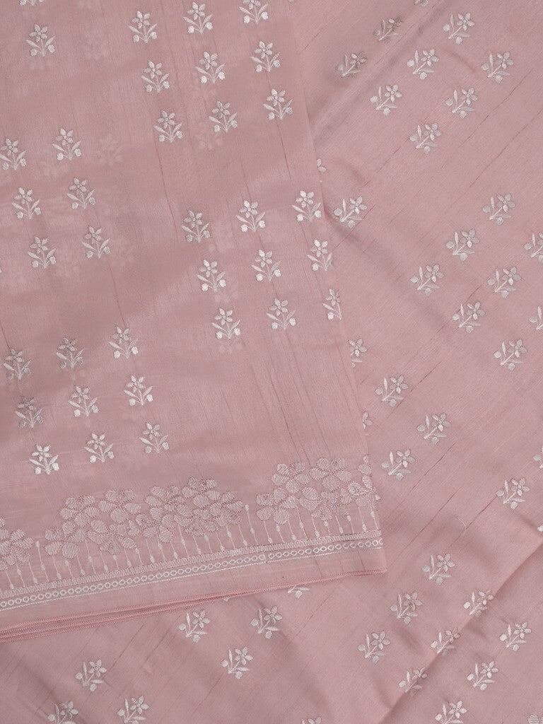 Tussar fancy saree in pastel pink color allover embroidery & zari border with self pallu and plain blouse