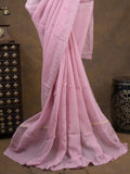 Organza fancy saree baby pink color allover embroidered motifs & cutwork border with running pallu and self blouse