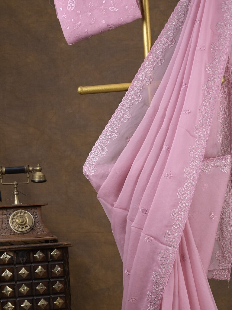 Organza fancy saree baby pink color allover embroidered motifs & cutwork border with running pallu and self blouse