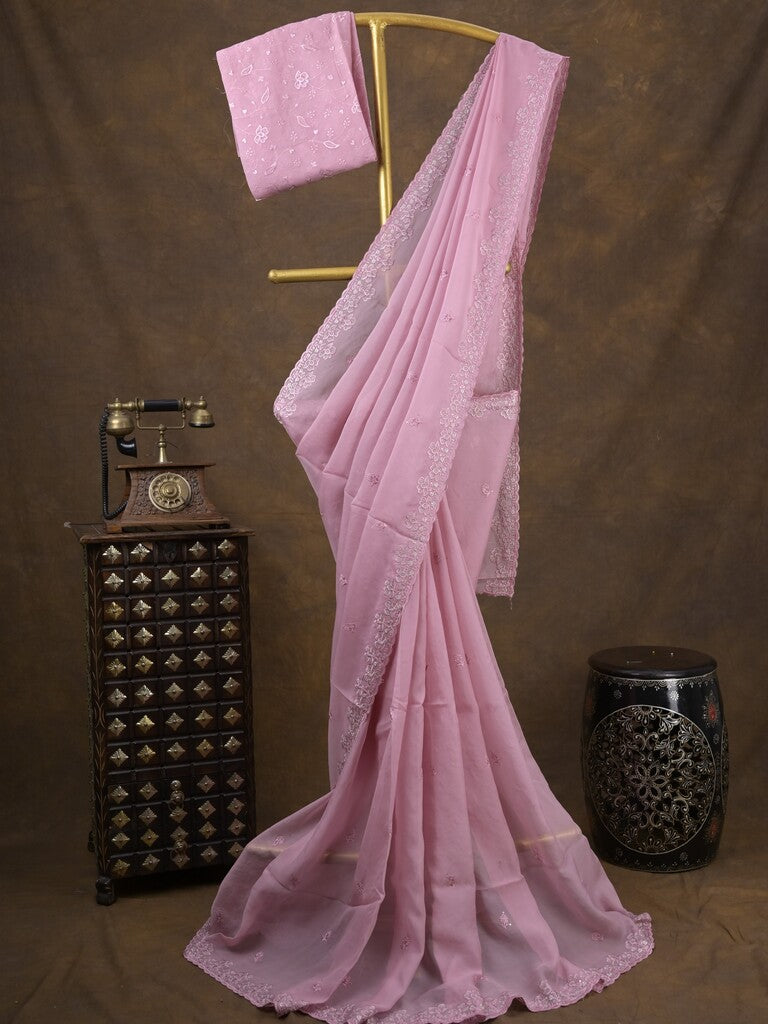 Organza fancy saree baby pink color allover embroidered motifs & cutwork border with running pallu and self blouse