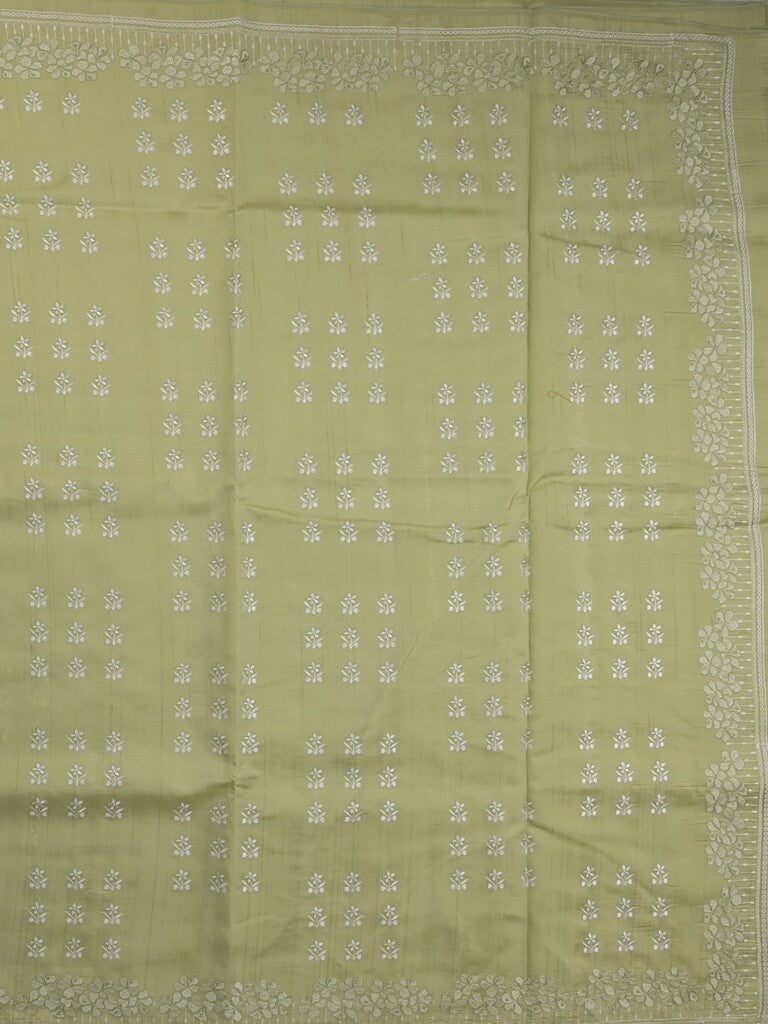 Tussar fancy saree in light green color allover embroidery & zari border with self pallu and plain blouse
