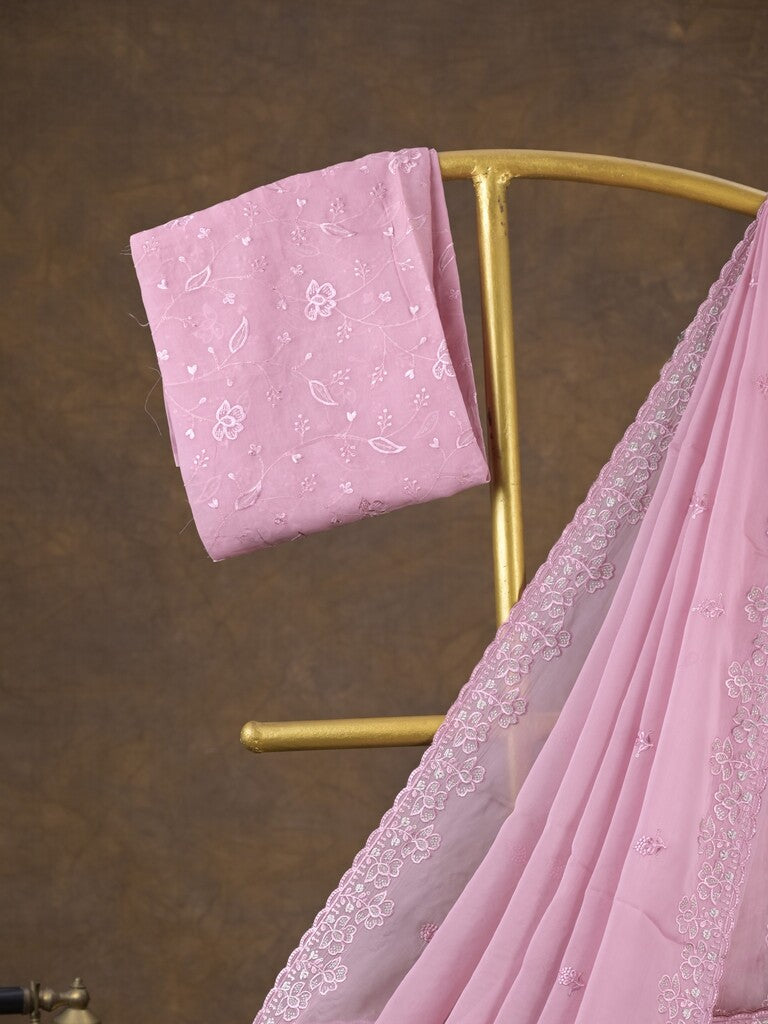 Organza fancy saree baby pink color allover embroidered motifs & cutwork border with running pallu and self blouse