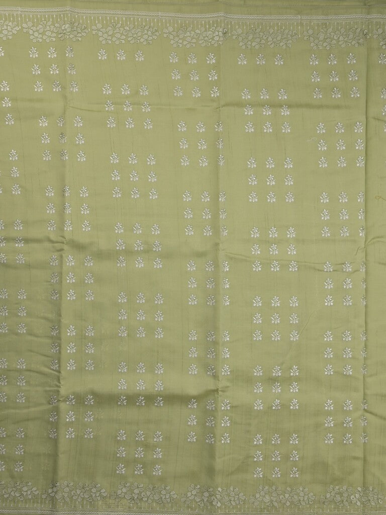 Tussar fancy saree in light green color allover embroidery & zari border with self pallu and plain blouse