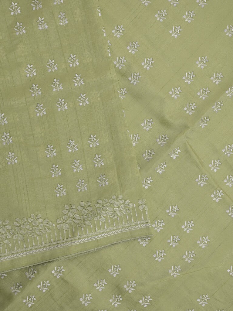 Tussar fancy saree in light green color allover embroidery & zari border with self pallu and plain blouse