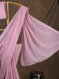 Organza fancy saree baby pink color allover embroidered motifs & cutwork border with running pallu and self blouse