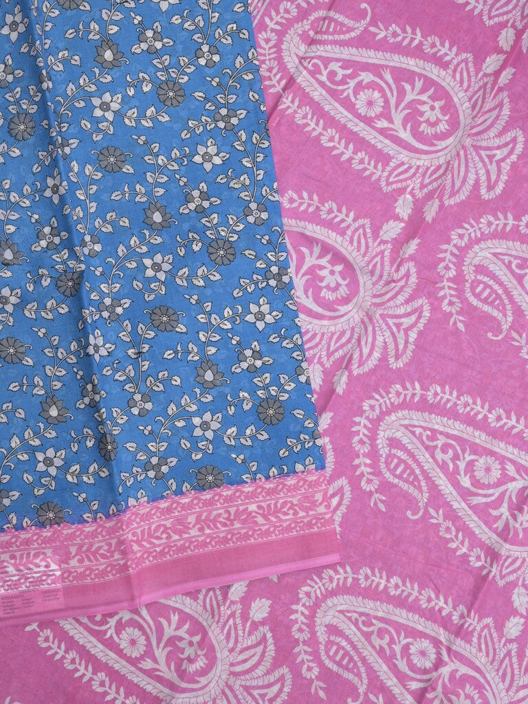 Printed cotton saree in sky blue color with contrast border and attached printed blouse