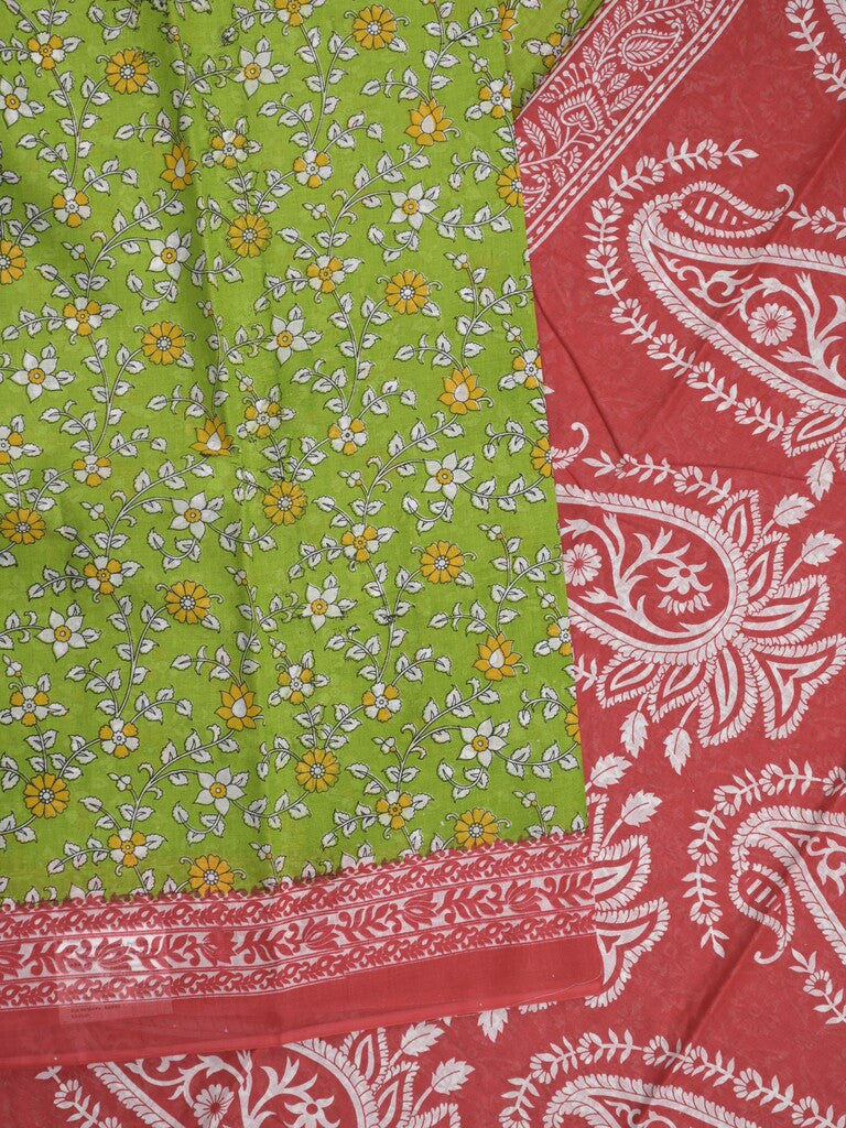 Printed cotton saree in parrot green color with contrast border and attached printed blouse