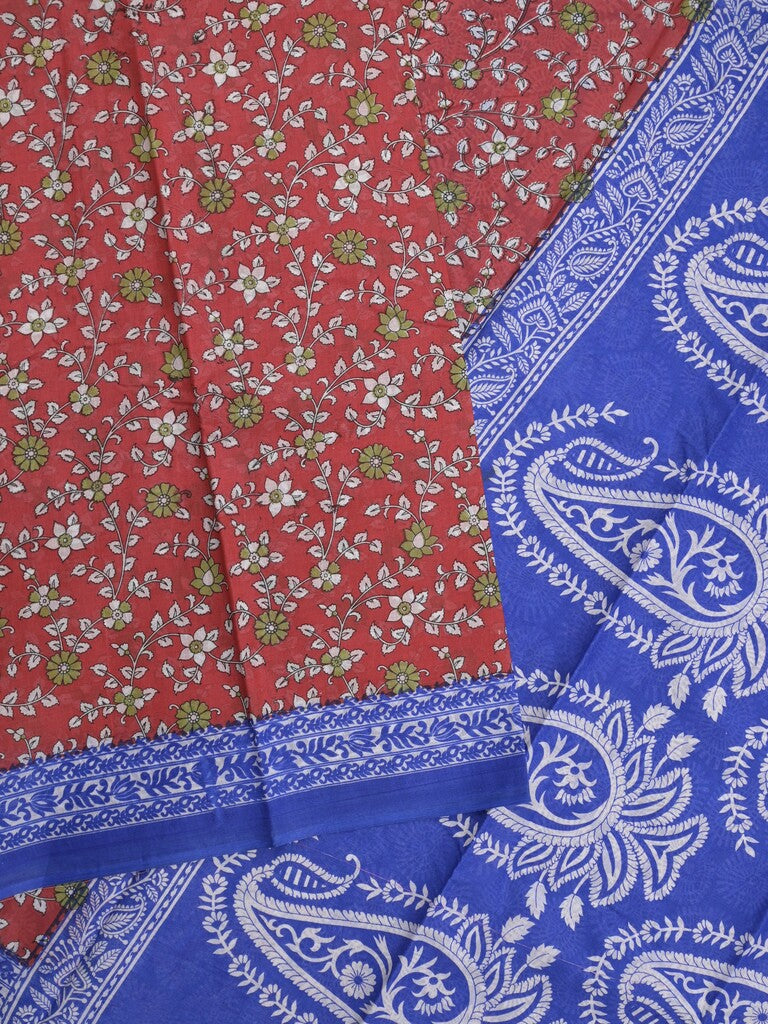 Printed cotton saree in maroon color with contrast border and attached printed blouse