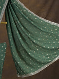 Chinnon fancy saree dark green color allover motifs & embroidery border with running pallu and contrast blouse
