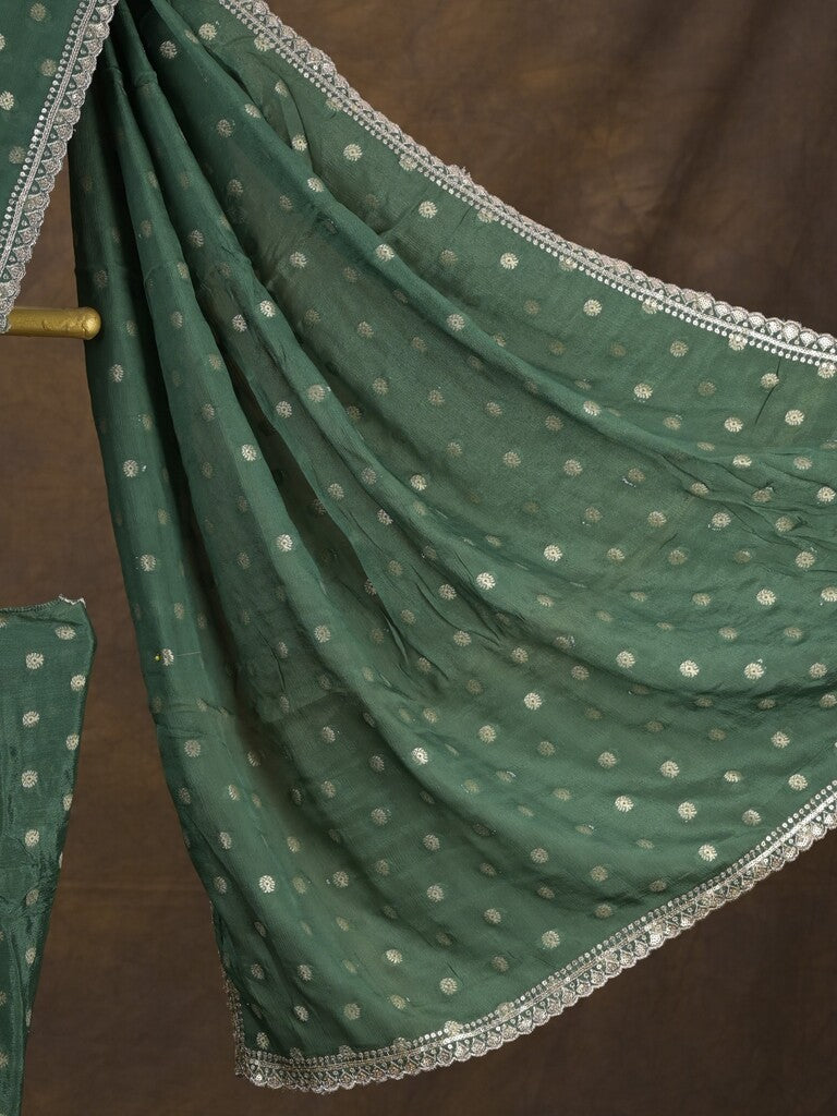 Chinnon fancy saree dark green color allover motifs & embroidery border with running pallu and contrast blouse