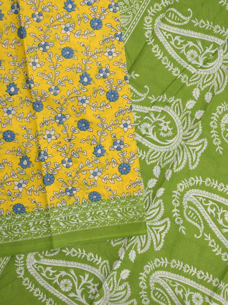 Printed cotton saree in lemon yellow color with contrast border and attached printed blouse