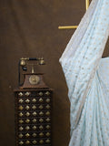 Chinnon fancy saree pastel blue color allover motifs & embroidery border with running pallu and contrast blouse