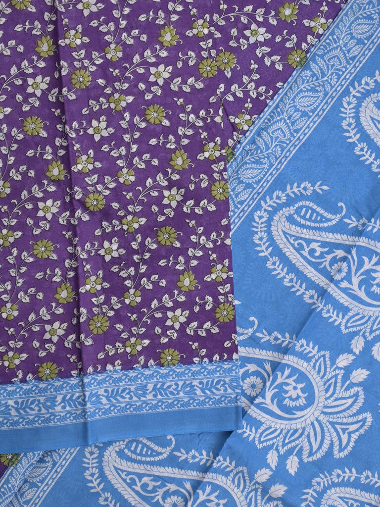 Printed cotton saree in violet color with contrast border and attached printed blouse