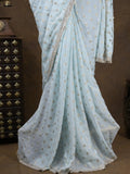 Chinnon fancy saree pastel blue color allover motifs & embroidery border with running pallu and contrast blouse