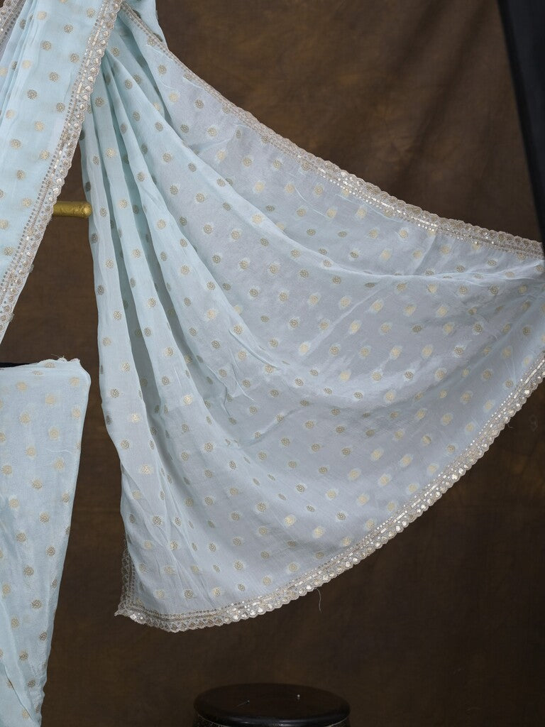 Chinnon fancy saree pastel blue color allover motifs & embroidery border with running pallu and contrast blouse