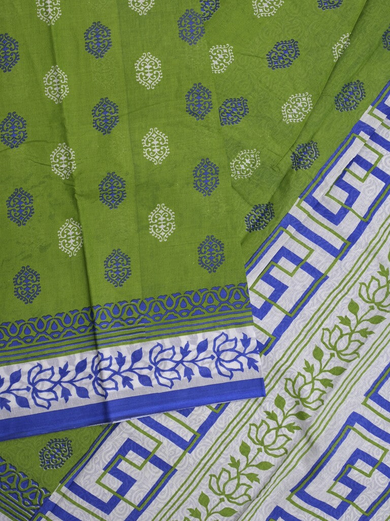 Printed cotton saree in bottle green color with contrast border and attached printed blouse