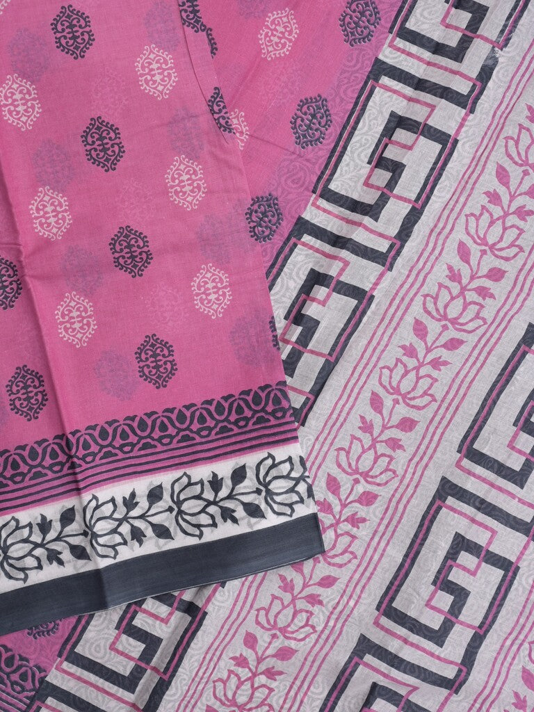 Printed cotton saree in light pink color with contrast border and attached printed blouse