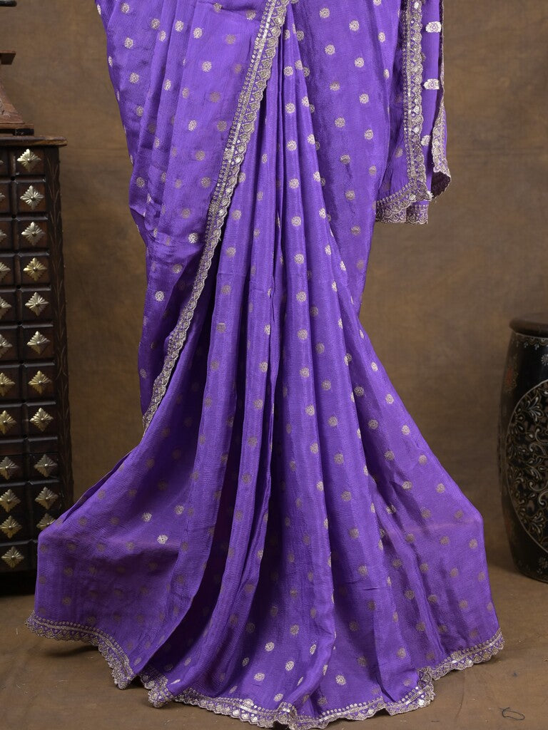 Chinnon fancy saree lavender color allover motifs & embroidery border with running pallu and contrast blouse
