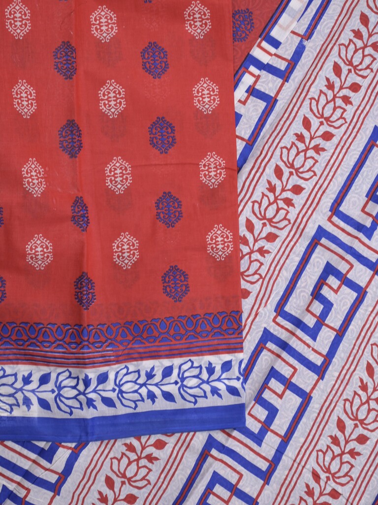 Printed cotton saree in red color with contrast border and attached printed blouse