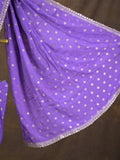 Chinnon fancy saree lavender color allover motifs & embroidery border with running pallu and contrast blouse