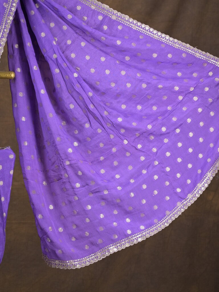 Chinnon fancy saree lavender color allover motifs & embroidery border with running pallu and contrast blouse