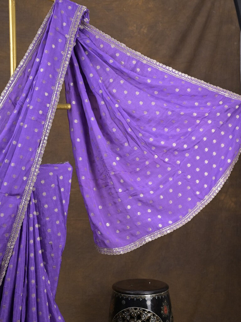 Chinnon fancy saree lavender color allover motifs & embroidery border with running pallu and contrast blouse