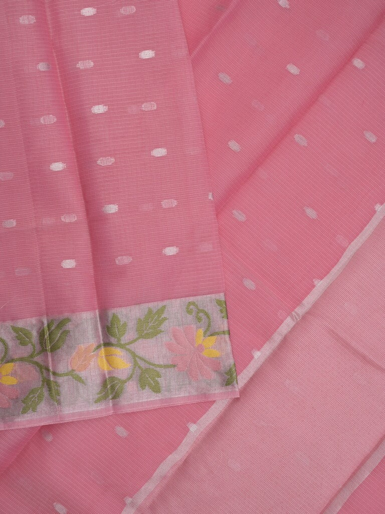 Kota fancy sarees in light pink color allover motifs with zari border and matching blouse