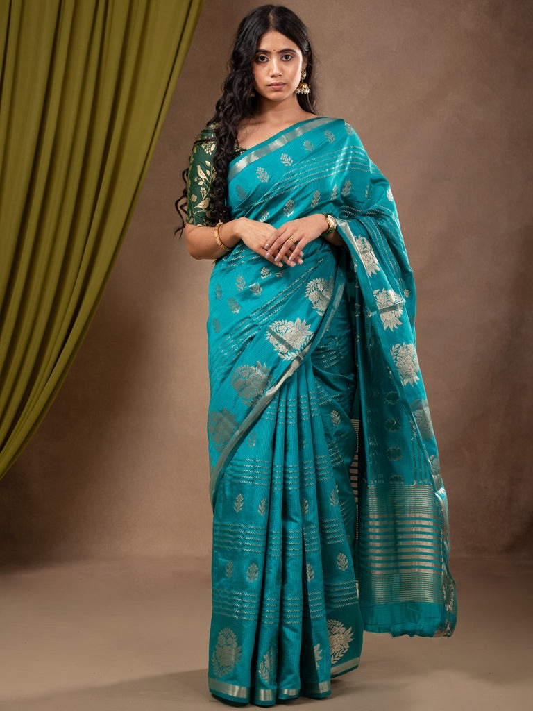 Dupion fancy saree sky blue color allover weaves & zari border with zari pallu and contrast blouse