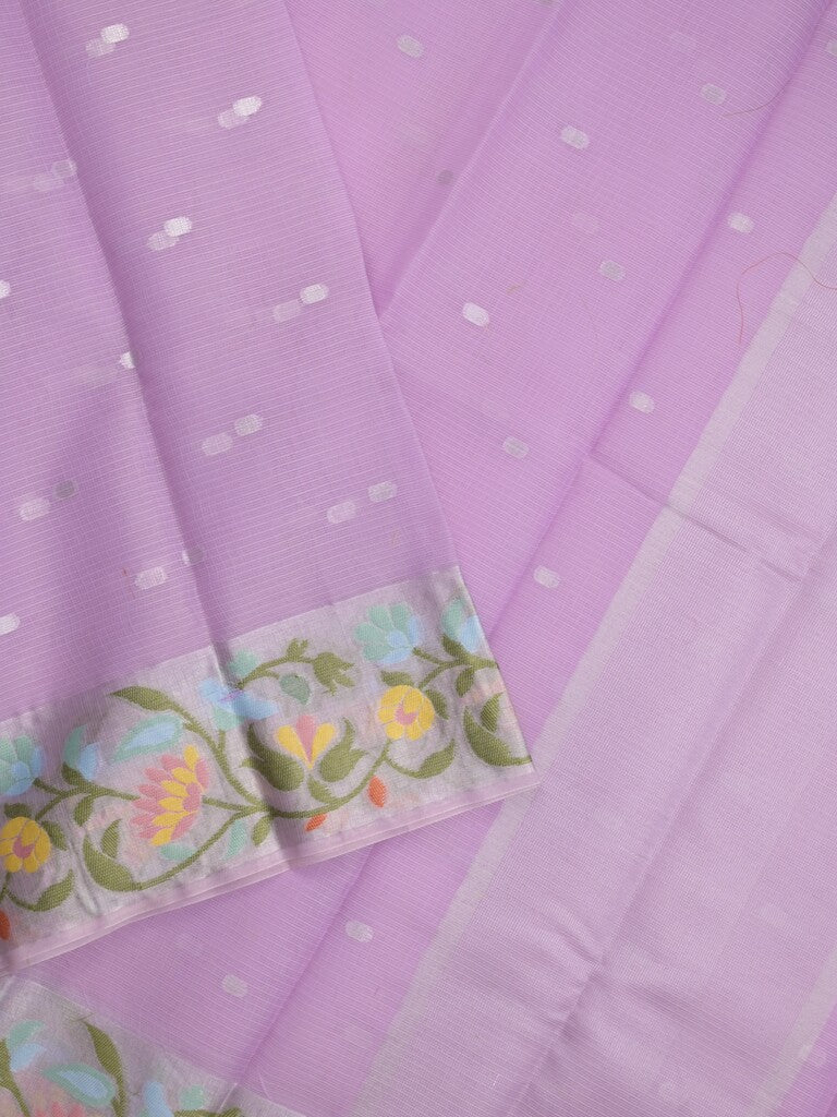Kota fancy sarees in lavender color allover motifs with zari border and matching blouse