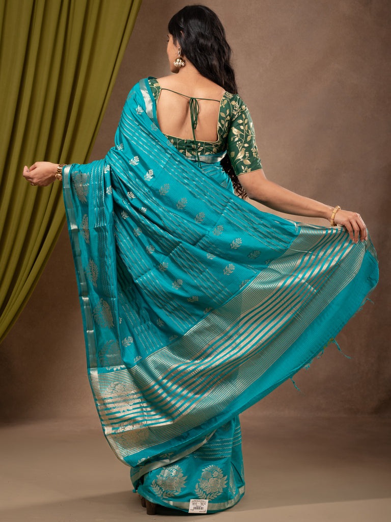 Dupion fancy saree sky blue color allover weaves & zari border with zari pallu and contrast blouse