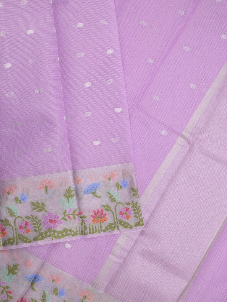 Kota fancy sarees in lavender color allover motifs with zari border and matching blouse