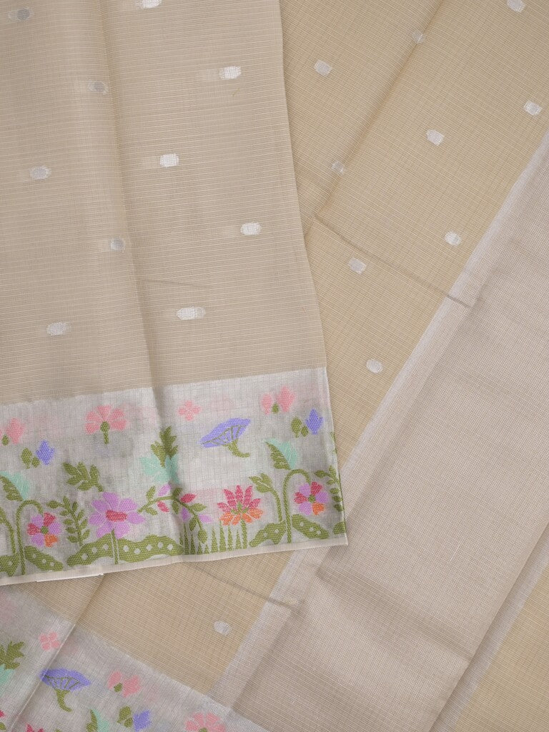 Kota fancy sarees in light beige color allover motifs with zari border and matching blouse
