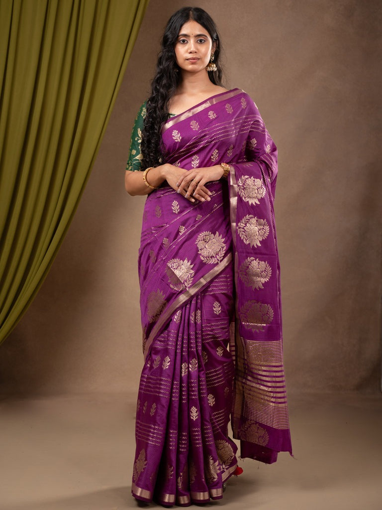 Dupion fancy saree violet color allover weaves & zari border with zari pallu and contrast blouse