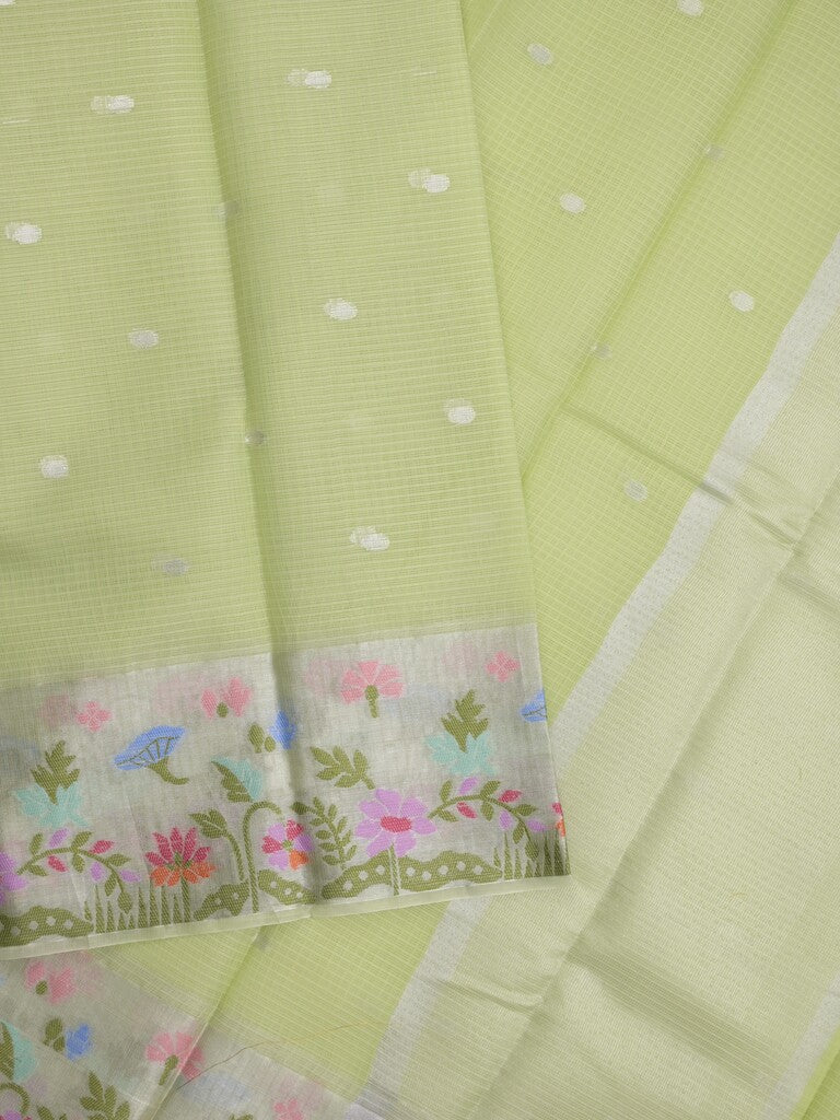 Kota fancy sarees in pastel green color allover motifs with zari border and matching blouse
